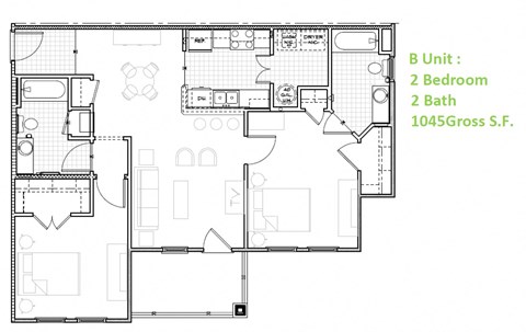 Floor plan for 2 beds, 1 bath, 1000 sqft